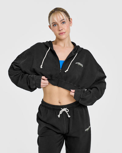 Raw Lounge Crop Zip Through Hoodie with Graphic | Washed Black