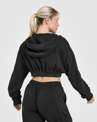 Raw Lounge Crop Zip Through Hoodie with Graphic | Washed Black