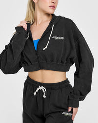 Raw Lounge Crop Zip Through Hoodie with Graphic | Washed Black