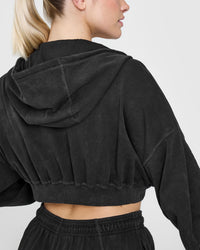 Raw Lounge Crop Zip Through Hoodie with Graphic | Washed Black