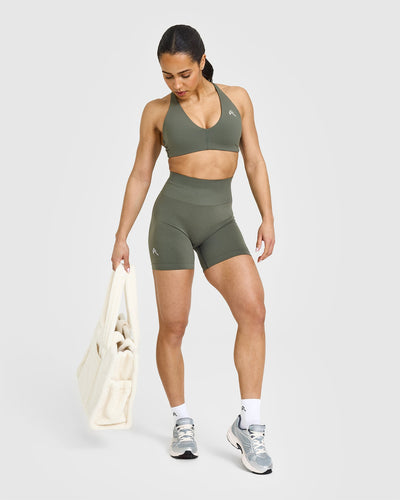 EffortlessLift™ Seamless Shorts with White Logo | Dark Khaki