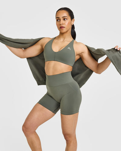 EffortlessLift™ Seamless Shorts with White Logo | Dark Khaki