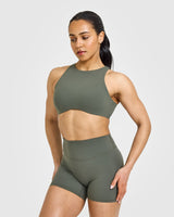 SoftMotion™ High Neck Sports Bra with White Logo | Dark Khaki