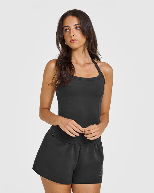 Oner Modal Mellow™ Rib Halter Neck Vest with Built in Bra Shelf | Soft Black