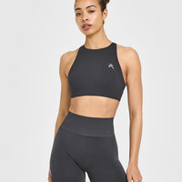 EasyLift™ High Neck Sports Bra with White Logo | Coal