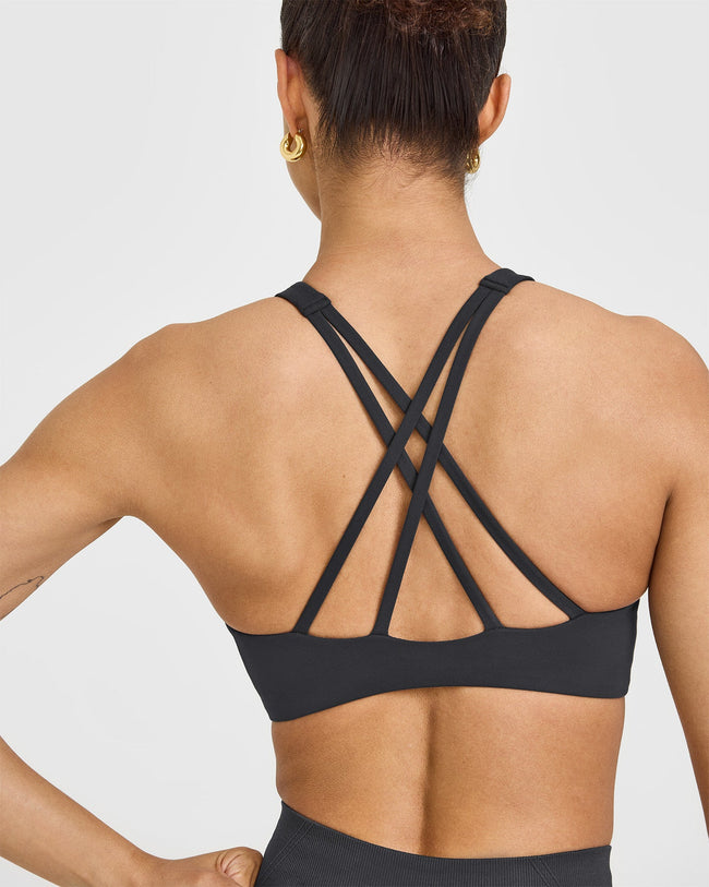 EasyLift™ High Neck Sports Bra with White Logo | Coal