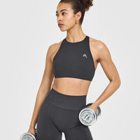 EasyLift™ High Neck Sports Bra with White Logo | Coal