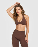 SoftMotion™ Minimal Halter Neck Bralette with White Logo | Espresso Brown