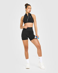 EasyLift™ Zip High Neck Sports Bra with White Logo | Black