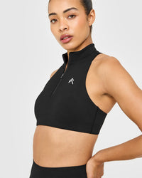 EasyLift™ Zip High Neck Sports Bra with White Logo | Black