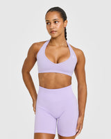 Effortless Seamless Halter Neck Sports Bra with White Logo | Lavender Purple