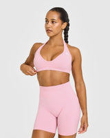 Effortless Seamless Halter Neck Sports Bra with White Logo | Petal Pink