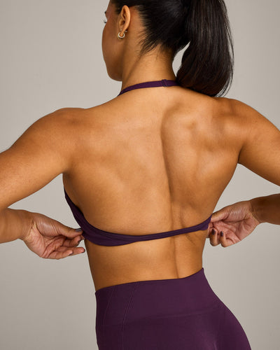 EnhanceLift™ Seamless Minimal Halter Neck Bralette with Grey Logo | Blackberry Purple