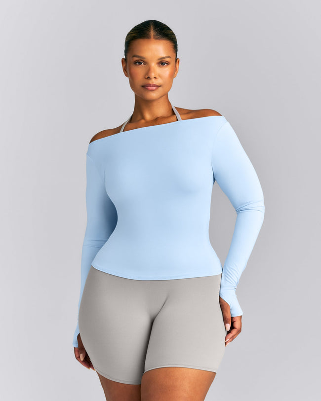 FormeSoft™ Fitted Off-The-Shoulder Long Sleeve Top | Mist Blue