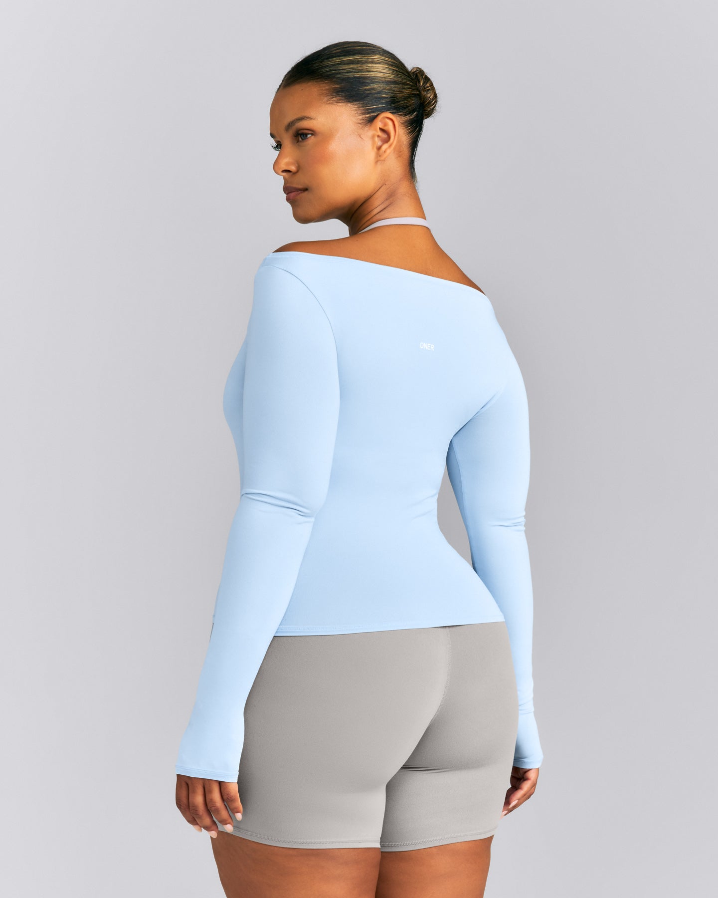 FormeSoft™ Fitted Off-The-Shoulder Long Sleeve Top | Mist Blue