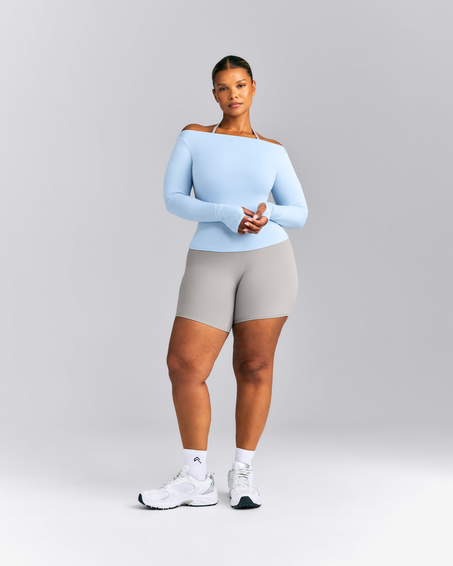 FormeSoft™ Fitted Off-The-Shoulder Long Sleeve Top | Mist Blue