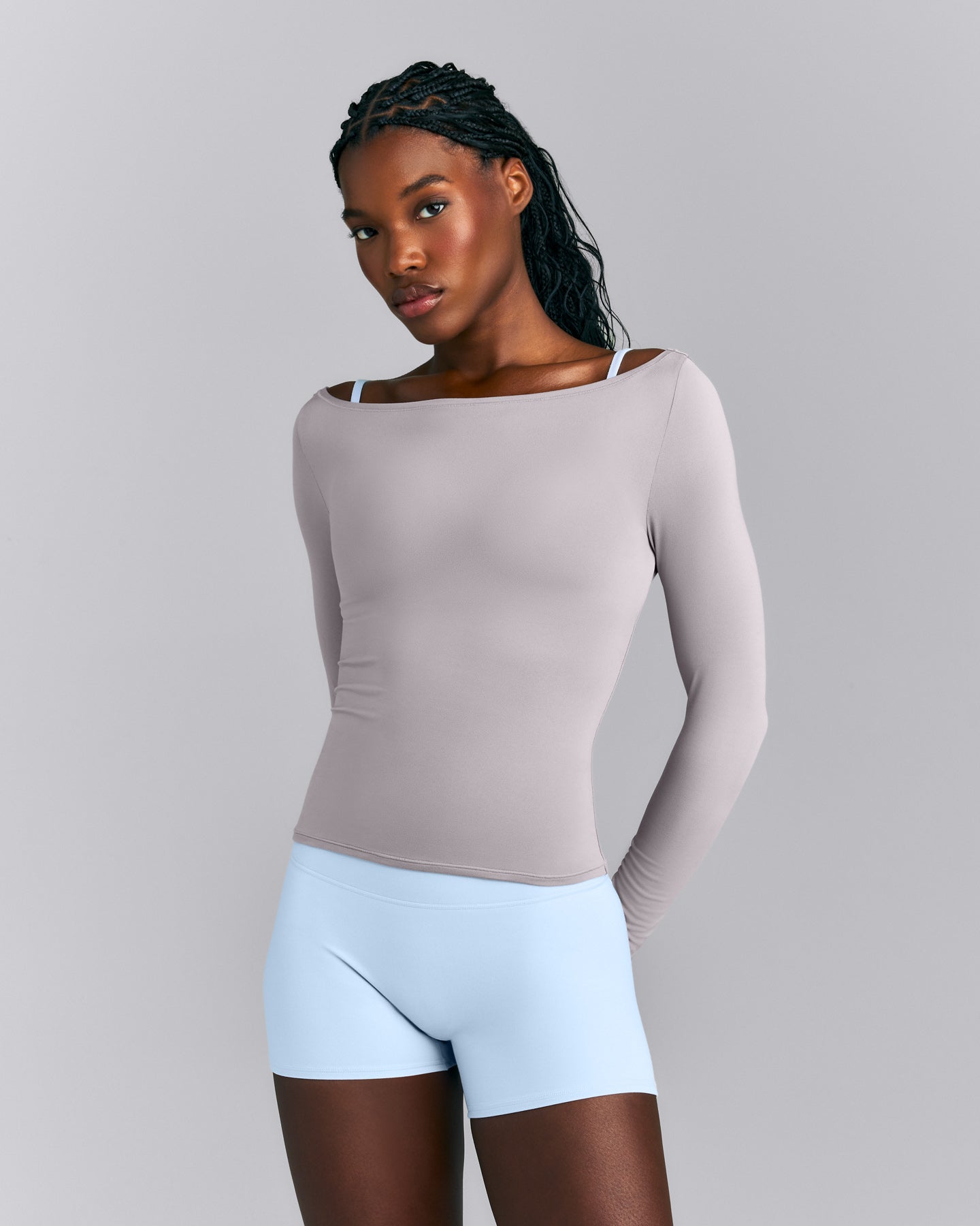 FormeSoft™ Fitted Off-The-Shoulder Long Sleeve Top | Zinc Grey