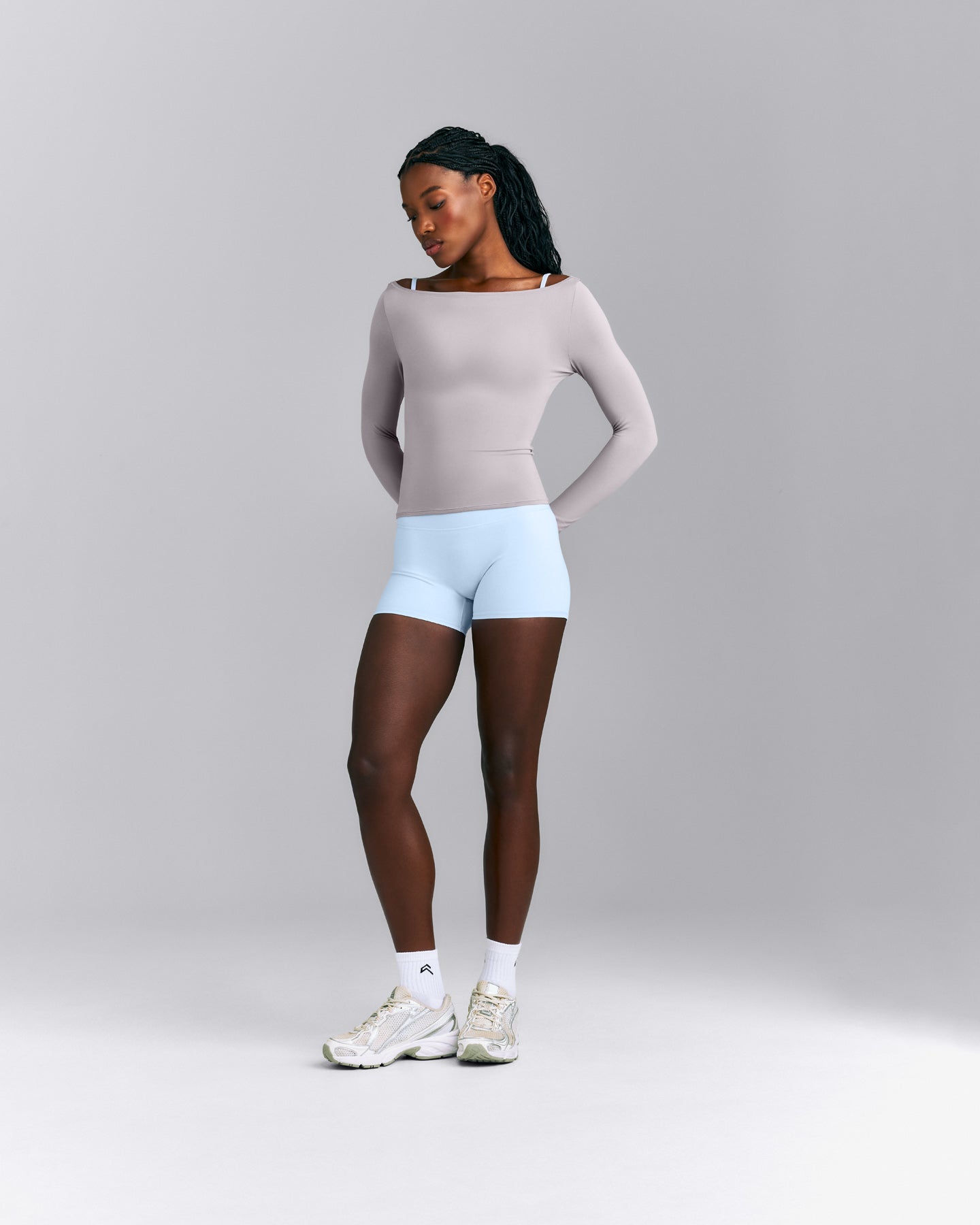 FormeSoft™ Fitted Off-The-Shoulder Long Sleeve Top | Zinc Grey
