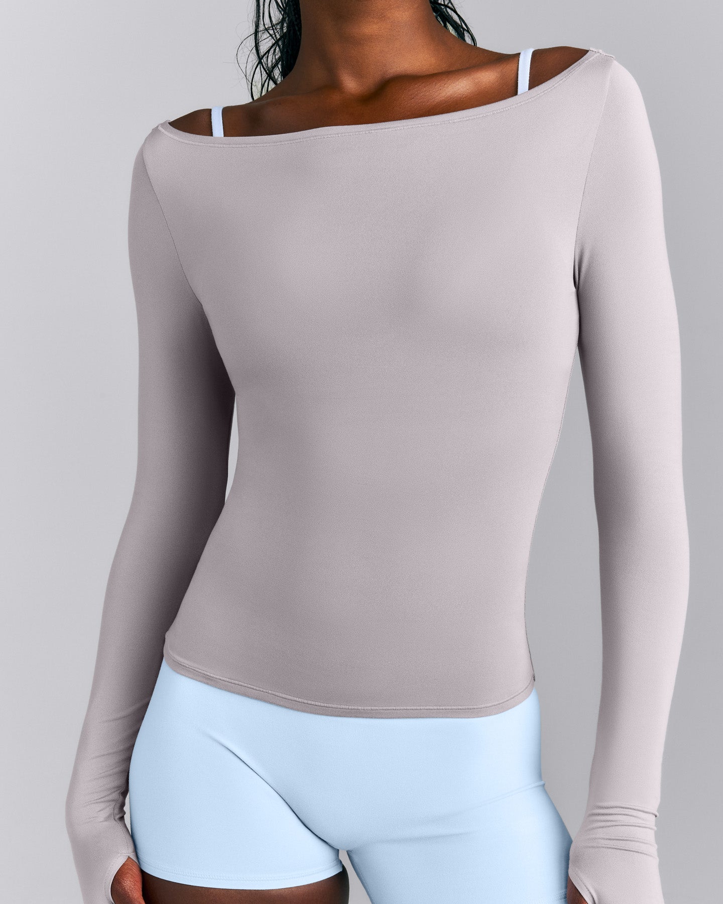 FormeSoft™ Fitted Off-The-Shoulder Long Sleeve Top | Zinc Grey