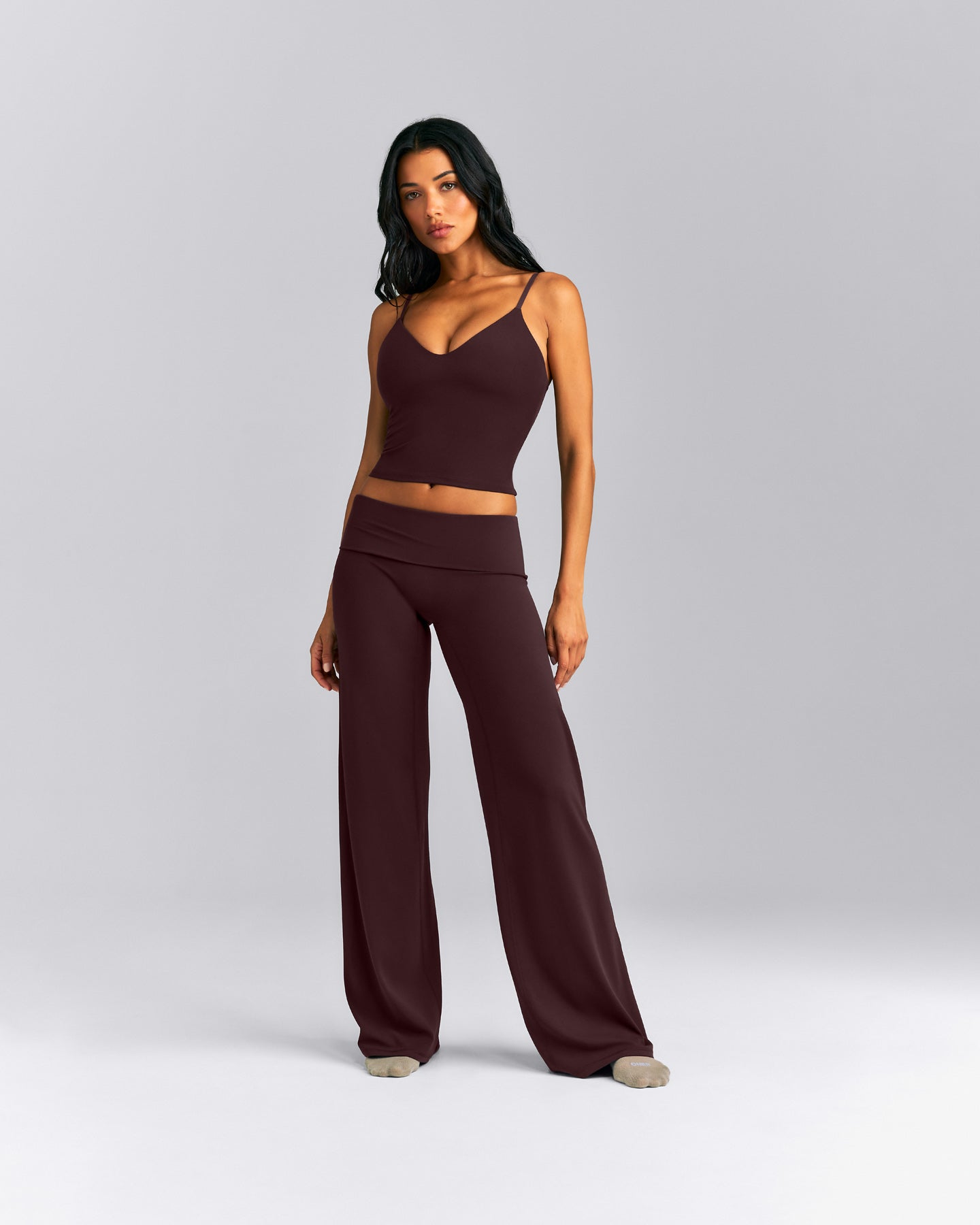 SoftMotion™ Fold Over Mid Rise Straight Leg Pants | Plum Brown