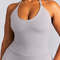 SoftMotion™ Strappy Halter Neck Mid Tank Top with Built in Bra Shelf New Branding | Zinc Grey