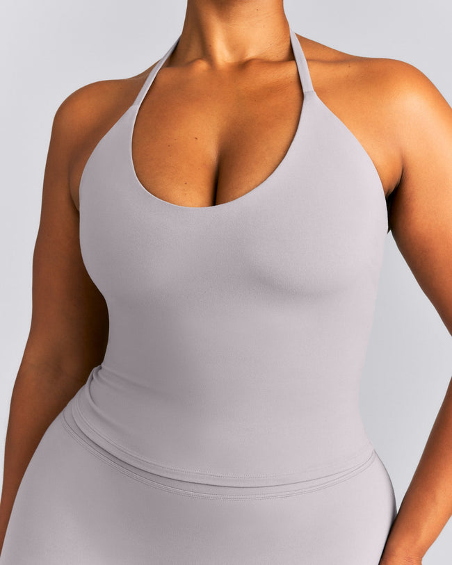 SoftMotion™ Strappy Halter Neck Mid Tank Top with Built in Bra Shelf New Branding | Zinc Grey