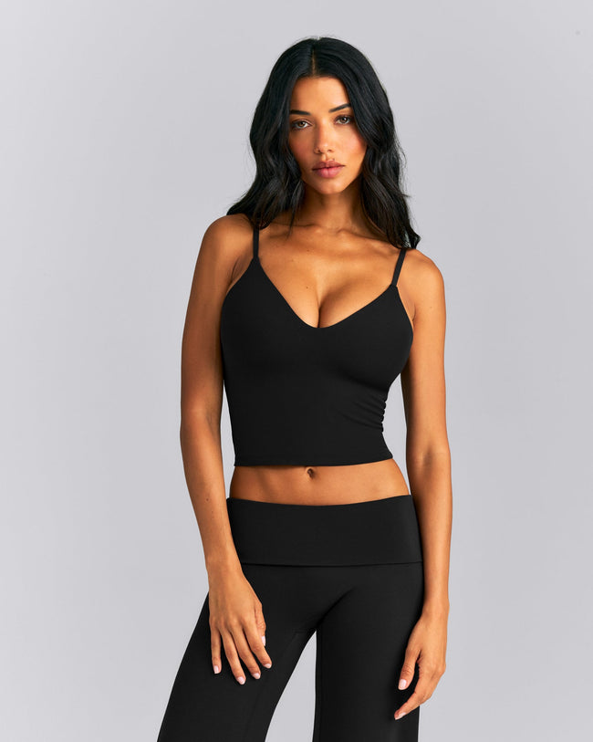 SoftMotion™ V Neck Mid Tank Top with Built in Bra Shelf New Branding | Black