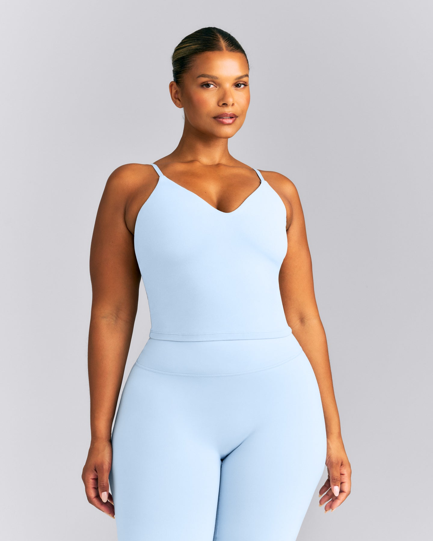SoftMotion™ V Neck Mid Tank Top with Built in Bra Shelf New Branding | Mist Blue