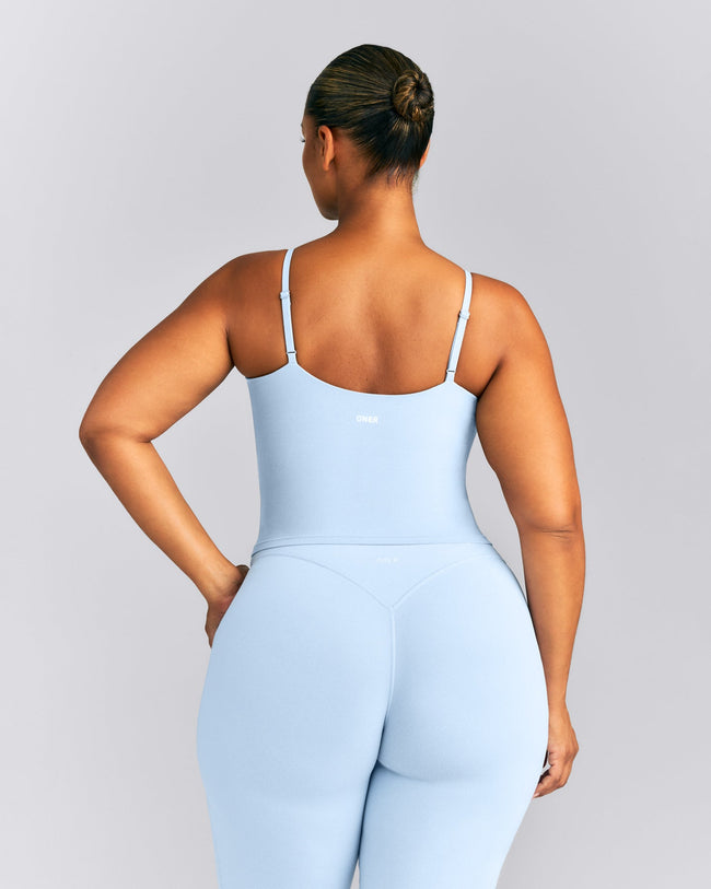 SoftMotion™ V Neck Mid Tank Top with Built in Bra Shelf New Branding | Mist Blue