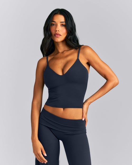 SoftMotion™ Adjustable V Neck Mid Tank Top with Built in Bra Shelf | True Blue