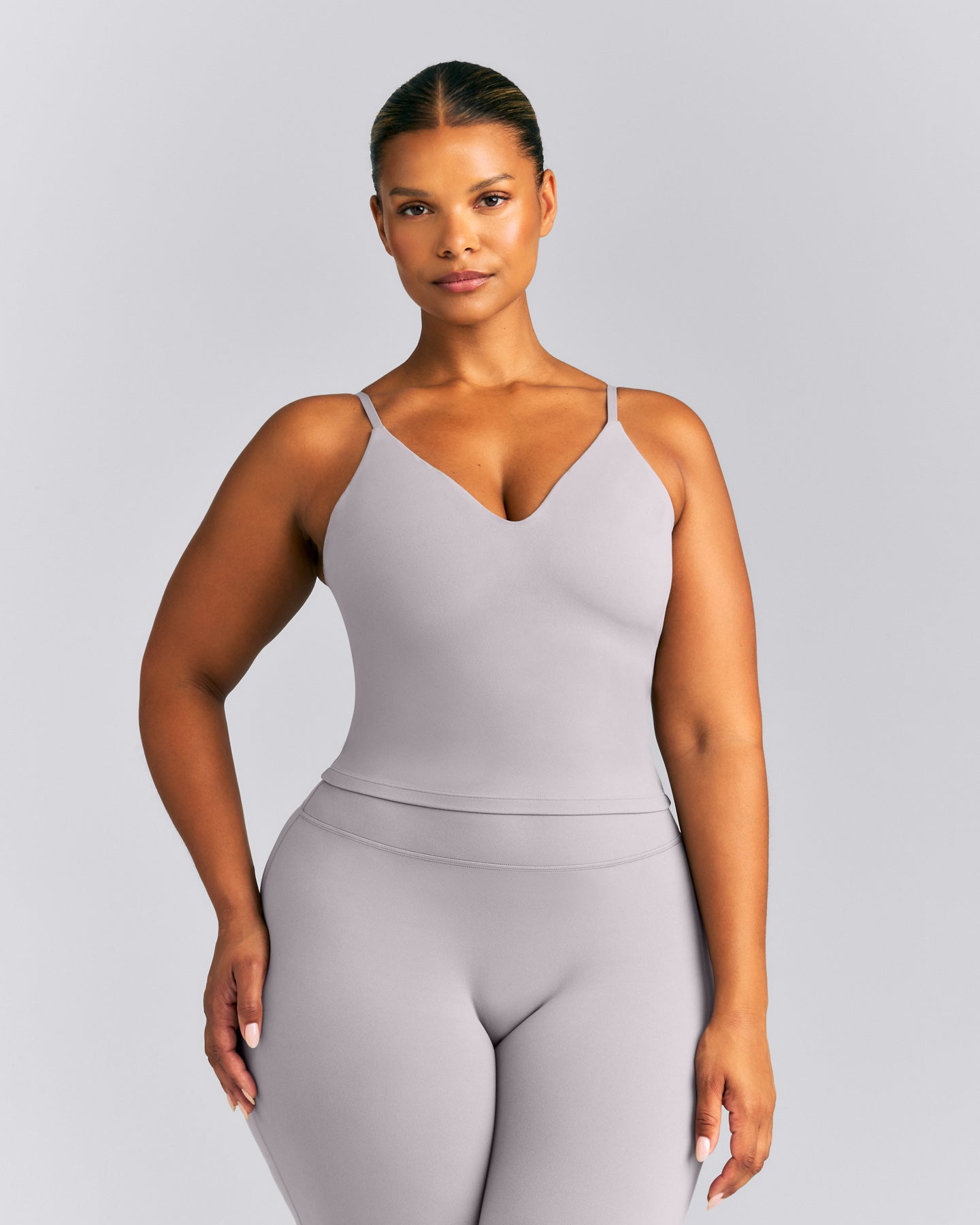 SoftMotion™ V Neck Mid Tank Top with Built in Bra Shelf New Branding | Zinc Grey
