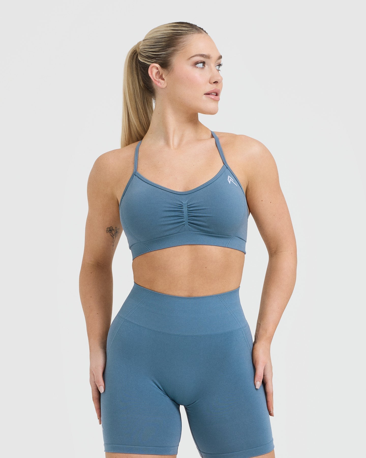 HIIT ruched tie front bralet in powder blue