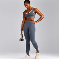 EffortlessLift™ Seamless Mid Rise Leggings with Grey Logo | Light Granite Blue