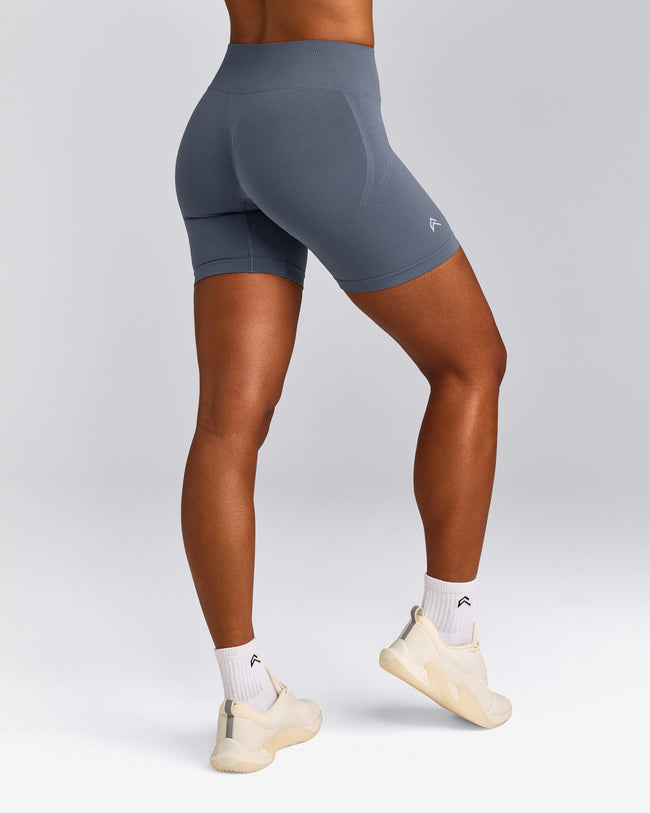 EffortlessLift™ Seamless Mid Rise Shorts with Grey Logo | Light Granite Blue