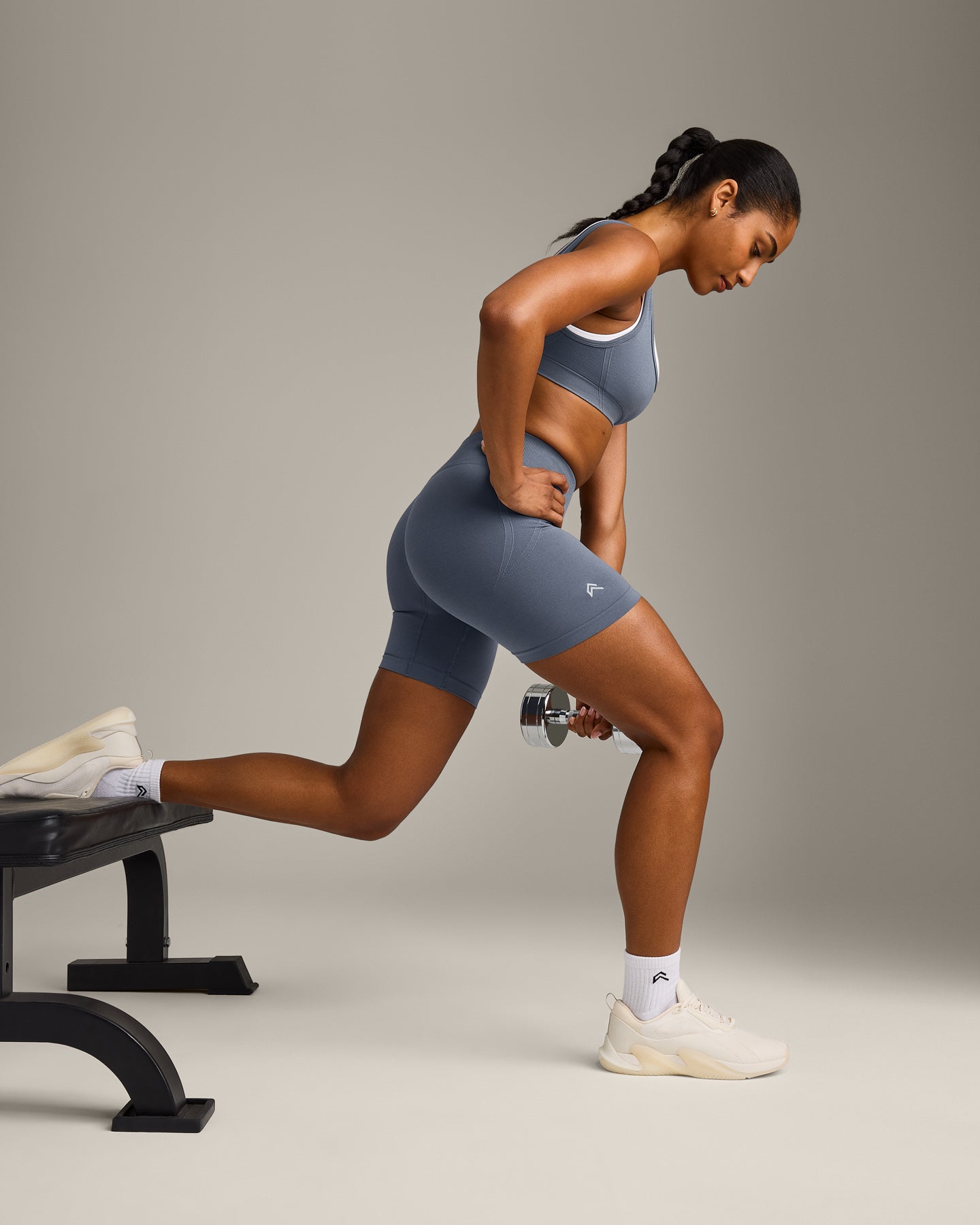 EffortlessLift™ Seamless Mid Rise Shorts with Grey Logo | Light Granite Blue