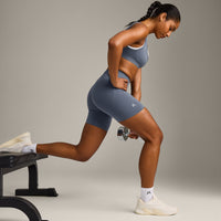 EffortlessLift™ Seamless Mid Rise Shorts with Grey Logo | Light Granite Blue