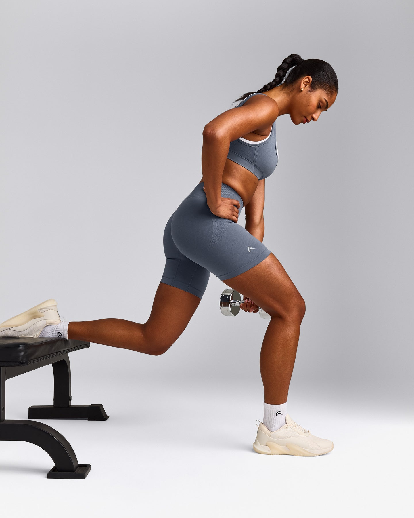 EffortlessLift™ Seamless Mid Rise Shorts with Grey Logo | Light Granite Blue