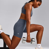 EffortlessLift™ Seamless Mid Rise Shorts with Grey Logo | Light Granite Blue