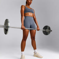 EffortlessLift™ Seamless Shorts with Grey Logo | Light Granite Blue