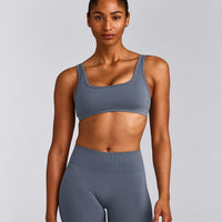 EffortlessLift™ Square Neck Sports Bra with Gray Logo | Light Granite Blue