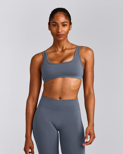 EffortlessLift™ Square Neck Sports Bra with Gray Logo | Light Granite Blue