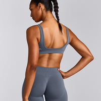 EffortlessLift™ Square Neck Sports Bra with Gray Logo | Light Granite Blue
