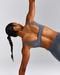 EffortlessLift™ Square Neck Sports Bra with Gray Logo | Light Granite Blue