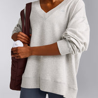 Cotton Vintage Lounge V Neck Sweatshirt | Light Grey Marl
