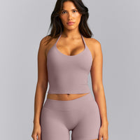 SoftMotion™ Strappy Halter Neck Mid Tank Top with Built in Bra Shelf New Branding | Dusty Purple