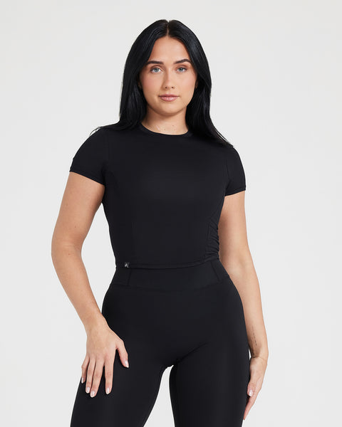 ★PLAGE_seoul★ Basic Short Sleeve Top_Black Black Short Sleeve T-Shirt Women's - Mid Length | Oner Active CA
