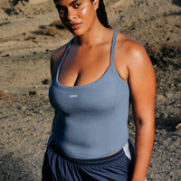 Mellow™ Rib Racer Back Mid Tank Top with Built in Bra Shelf | Granite Blue