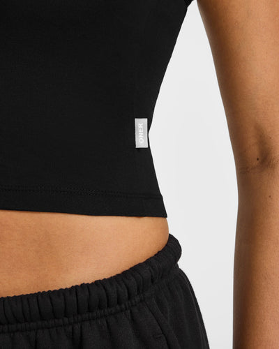 Cotton Fitted Mid Vest with Grey Logo | Black