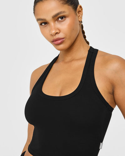 Cotton Fitted Mid Vest with Grey Logo | Black