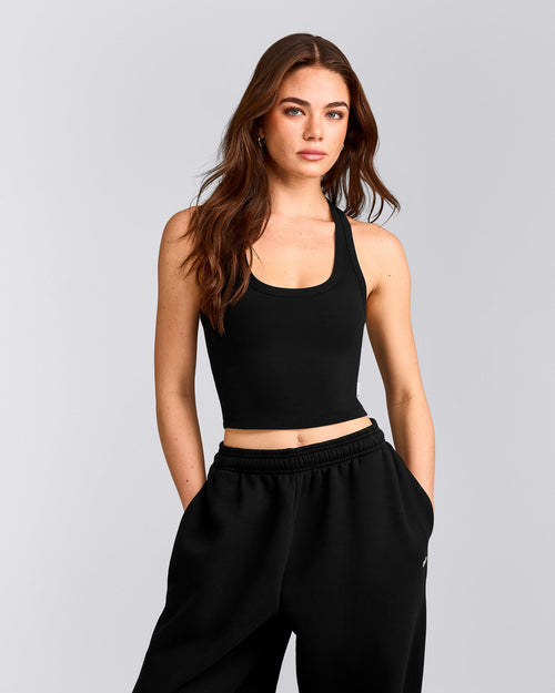 Cotton Fitted Mid Tank Top with Gray Logo | Black